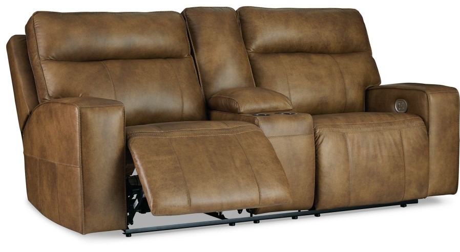 Living Room * | Online Discount Signature Design By Ashley Game Plan Caramel Leather Power Reclining Console Loveseat U1520618 At Woodstock Furniture & Mattress Outlet