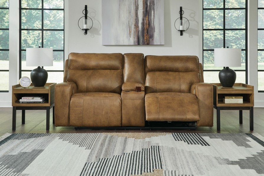 Living Room * | Online Discount Signature Design By Ashley Game Plan Caramel Leather Power Reclining Console Loveseat U1520618 At Woodstock Furniture & Mattress Outlet